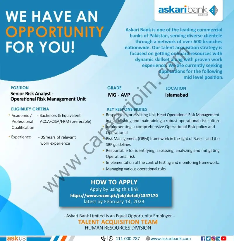 Askari Bank Ltd Jobs Senior Risk Analyst