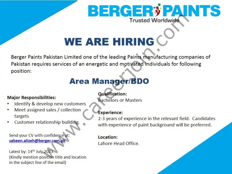 Berger Paints Jobs 9 JUly 2023 
