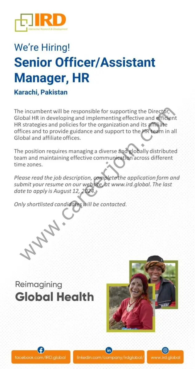 IRD Pakistan Jobs Senior Officer / Assistant Manager HR 1