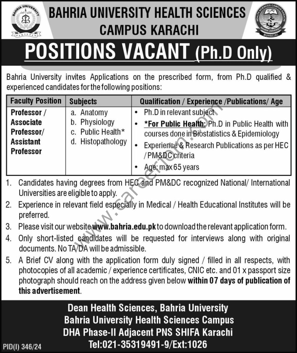 Bahria University Health Sciences Karachi Jobs 14 July 2024 Express 1