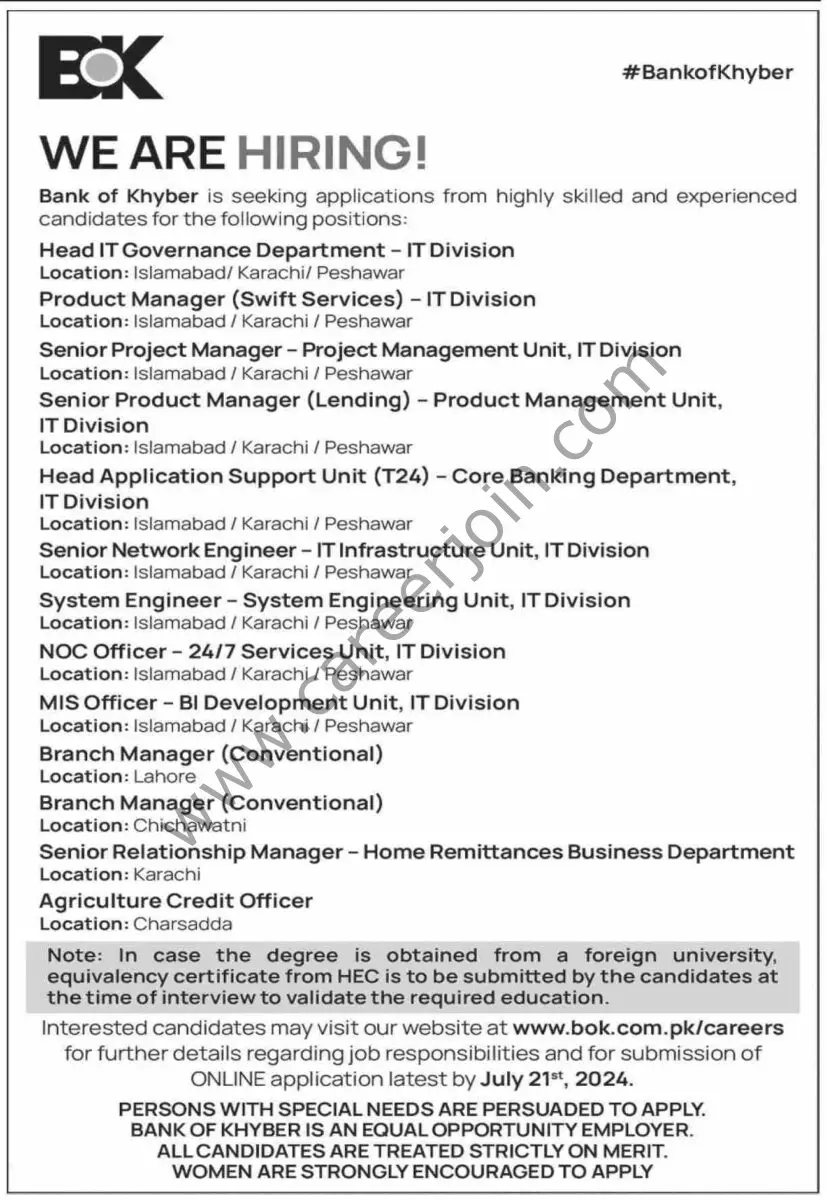 Bank of Khyber BOK Jobs 07 Junly 2024 Dawn 1