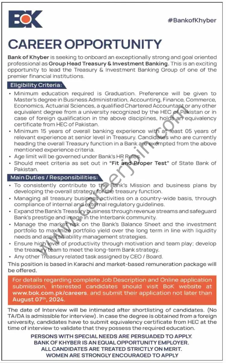 Bank of Khyber BOK Jobs 24 July 2024 Dawn 01 2