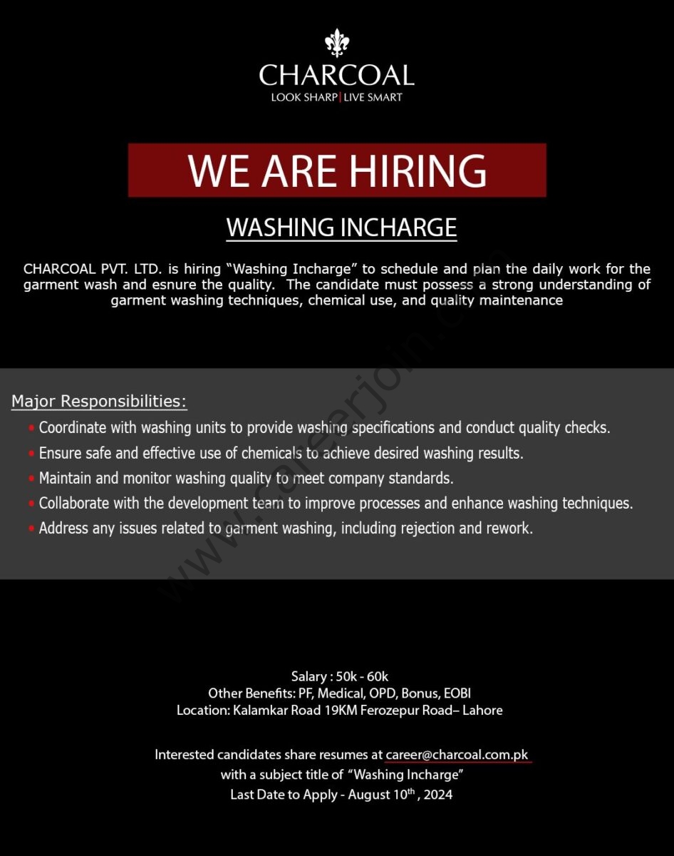 Charcoal Pvt Ltd Jobs Washing Incharge 1