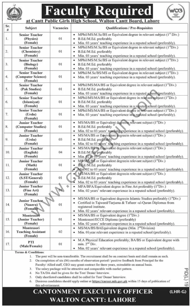 Cantt Public Girls High School Waltan Lahore Jobs 07 July 2024 Dawn 1