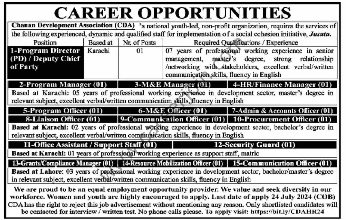 Chanan Deveopment Association CDA Jobs 21 July 2024 Dawn 1