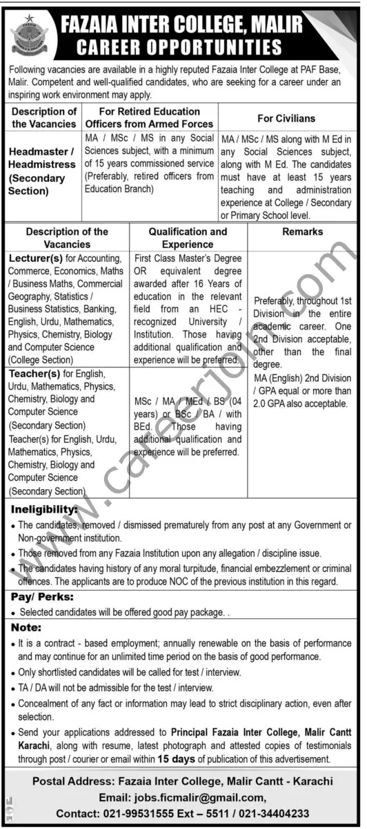 Fazaia Inter College Malir Karachi Jobs 30 June 2024 Express Tribune 01 1