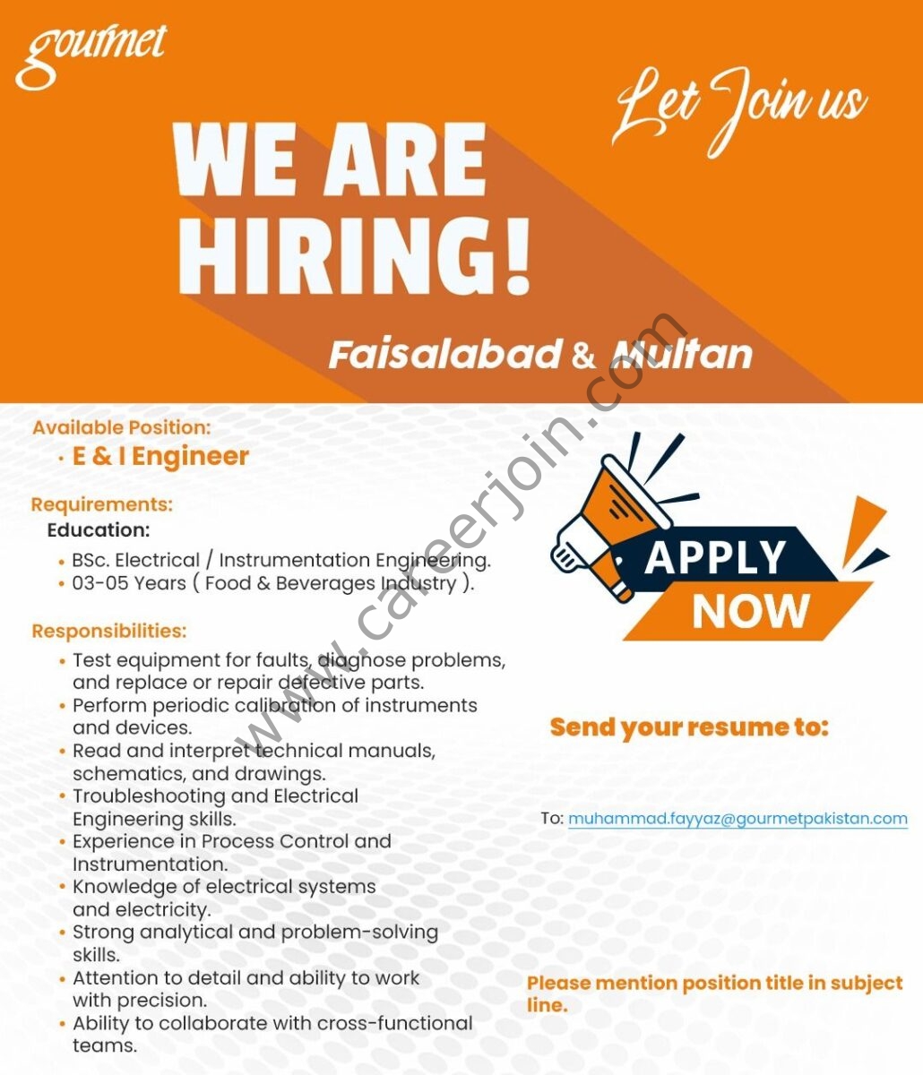 Gourmet Foods Pvt Ltd Jobs E&I Engineer 1