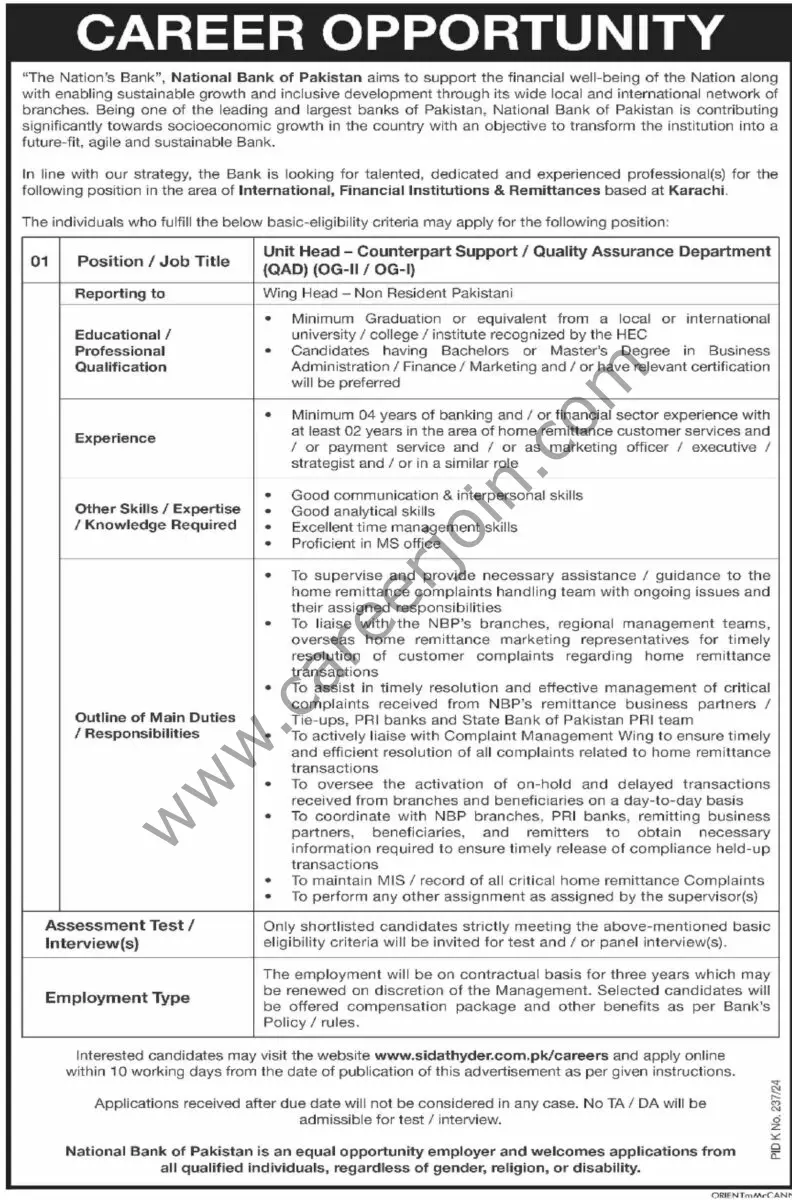 National Bank Of Pakistan NBP Jobs 28 July 2024 Dawn 1