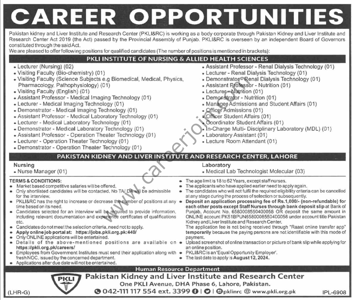 Pakistan Kidney & Liver Institute & Research Center PKLI & RC Jobs 25 July 2024 Dawn 1