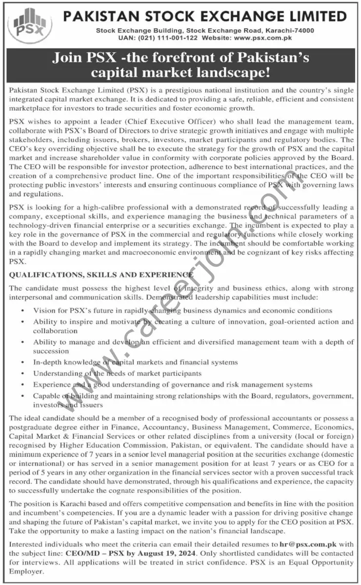 Pakistan Stock Exchange Ltd PSX Jobs 30 July 2024 Dawn 1