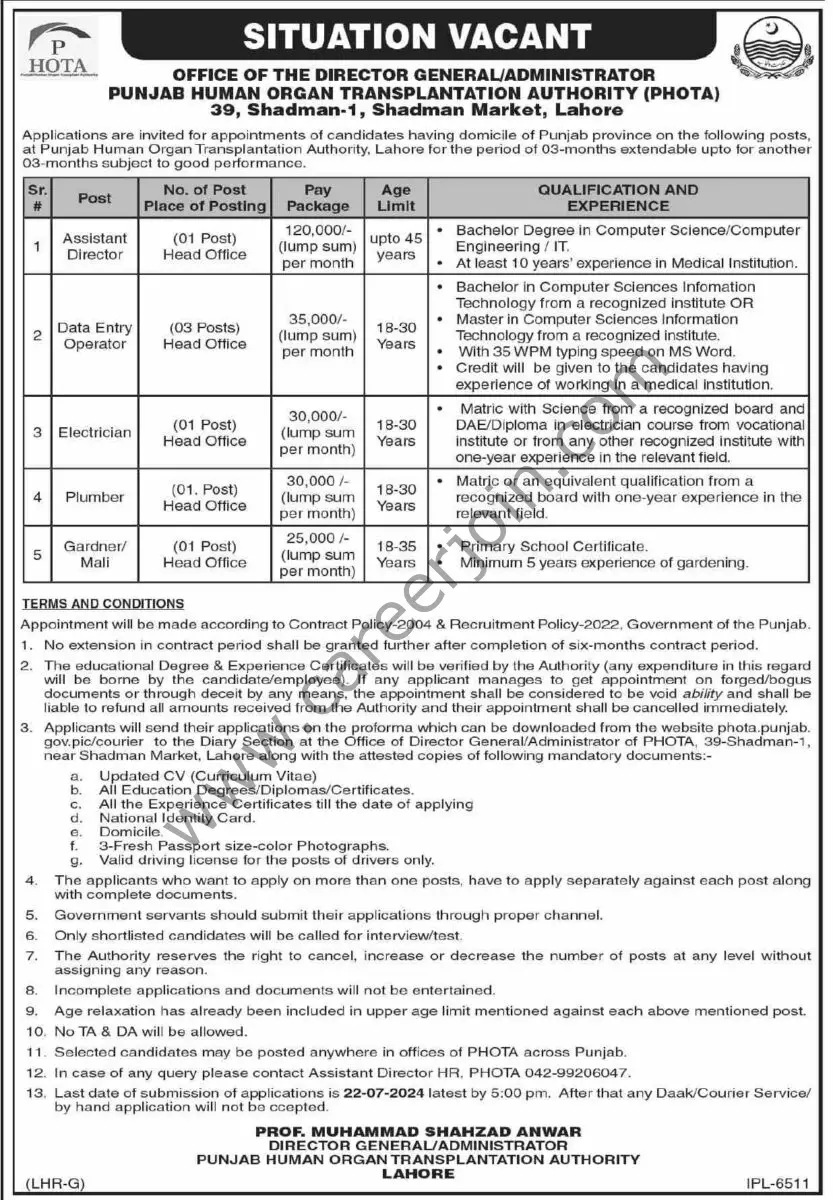 Punjab Human Organ Transplantion Authority Lahore Jobs 10 July 2024 Dawn 1