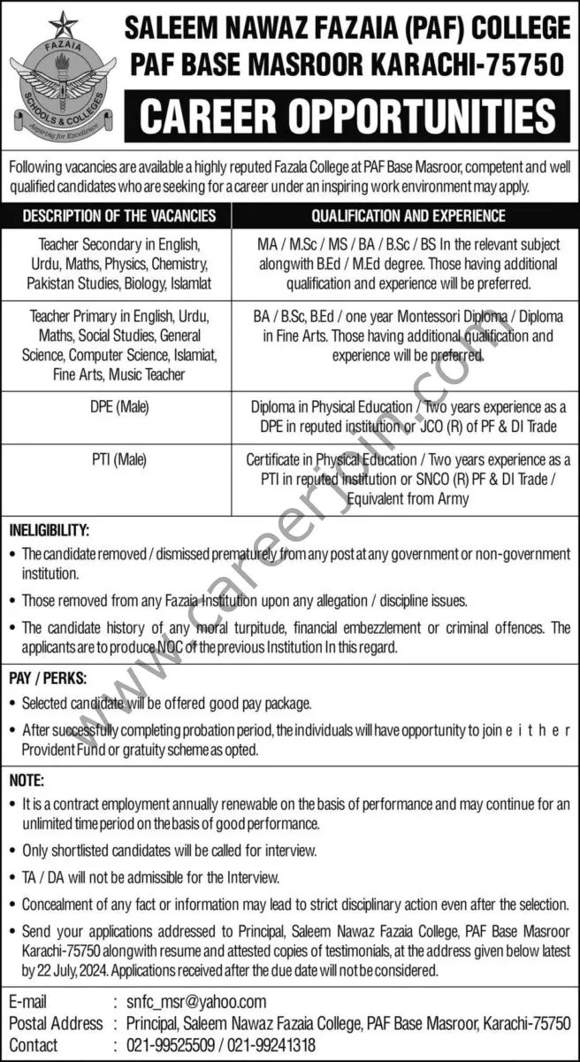 Saleem Nawaz Fazaia PAF College Jobs July 2024 1