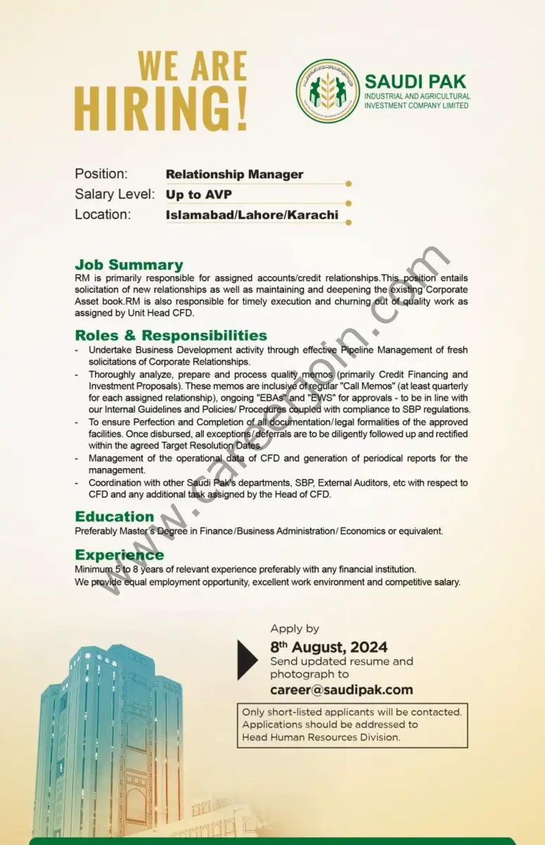 Saudi Pak Industrial & Agricultural Investment Company Limited Jobs Relationship Manager 1