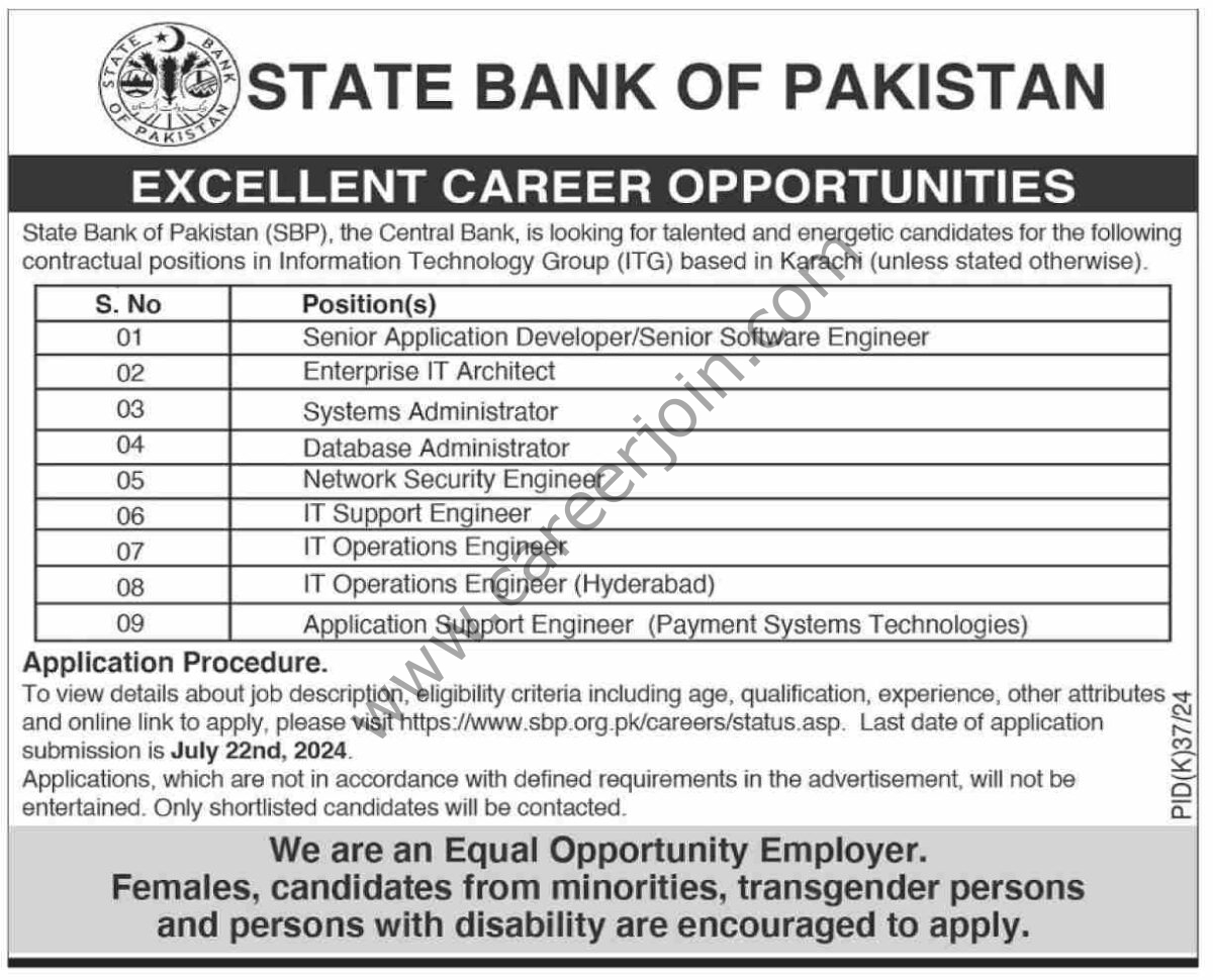 State Bank of Pakistan SBP Jobs 07 July 2024 Dawn 1