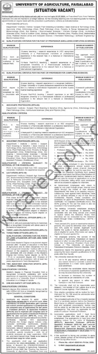 University of Agriculture Faisalabad Jobs 09 July 2024 Dawn 1