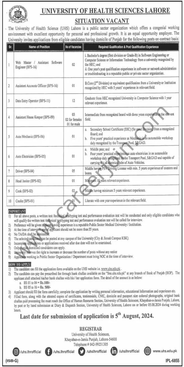 University of Health Sciences Lahore Jobs 24 July 2024 Dawn 1