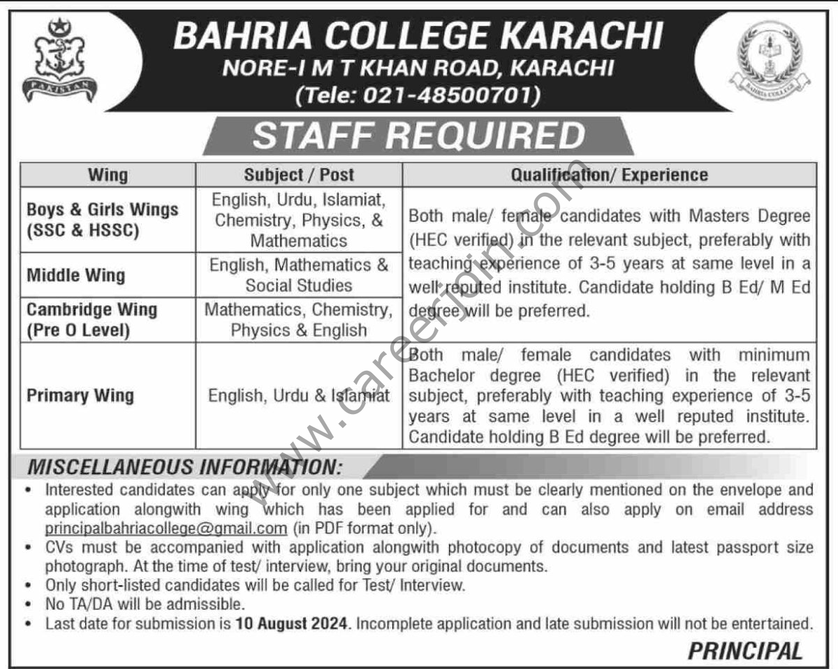 Bahria College KarachiJobs 04 August 2024 Dawn 1