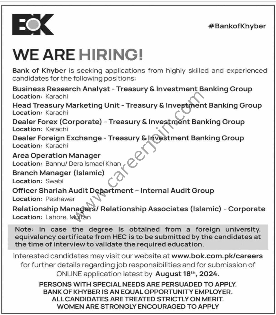 Bank of Khyber Jobs 04 August 2024 Dawn 1