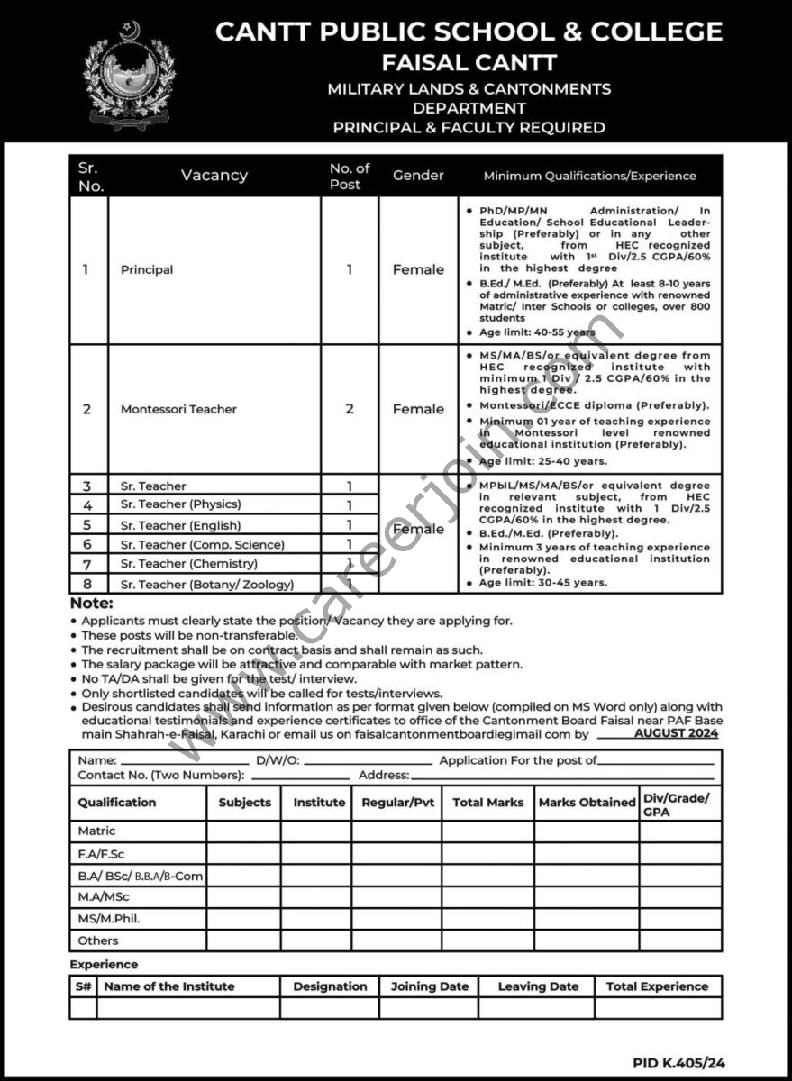 Cantt Public School & College Faisal Cantt Jobs August 2024 1