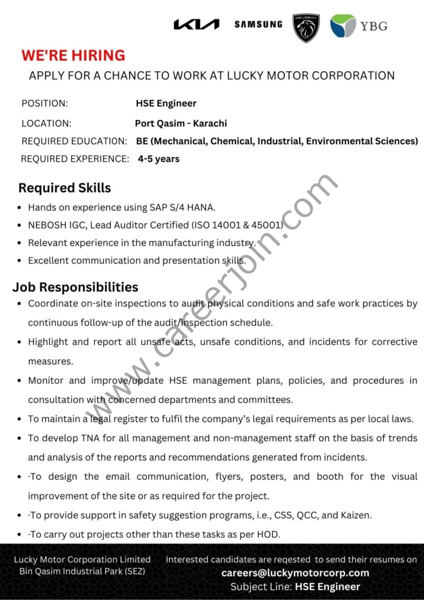 Lucky Motor Corporation Jobs HSE Engineer 1