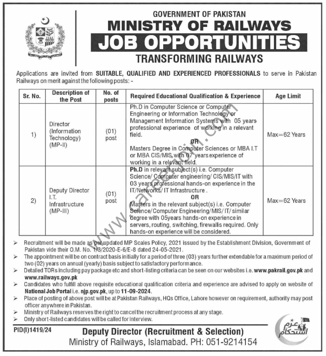 Ministry of Railways Jobs 29 Ausgust 2024 Dawn 1