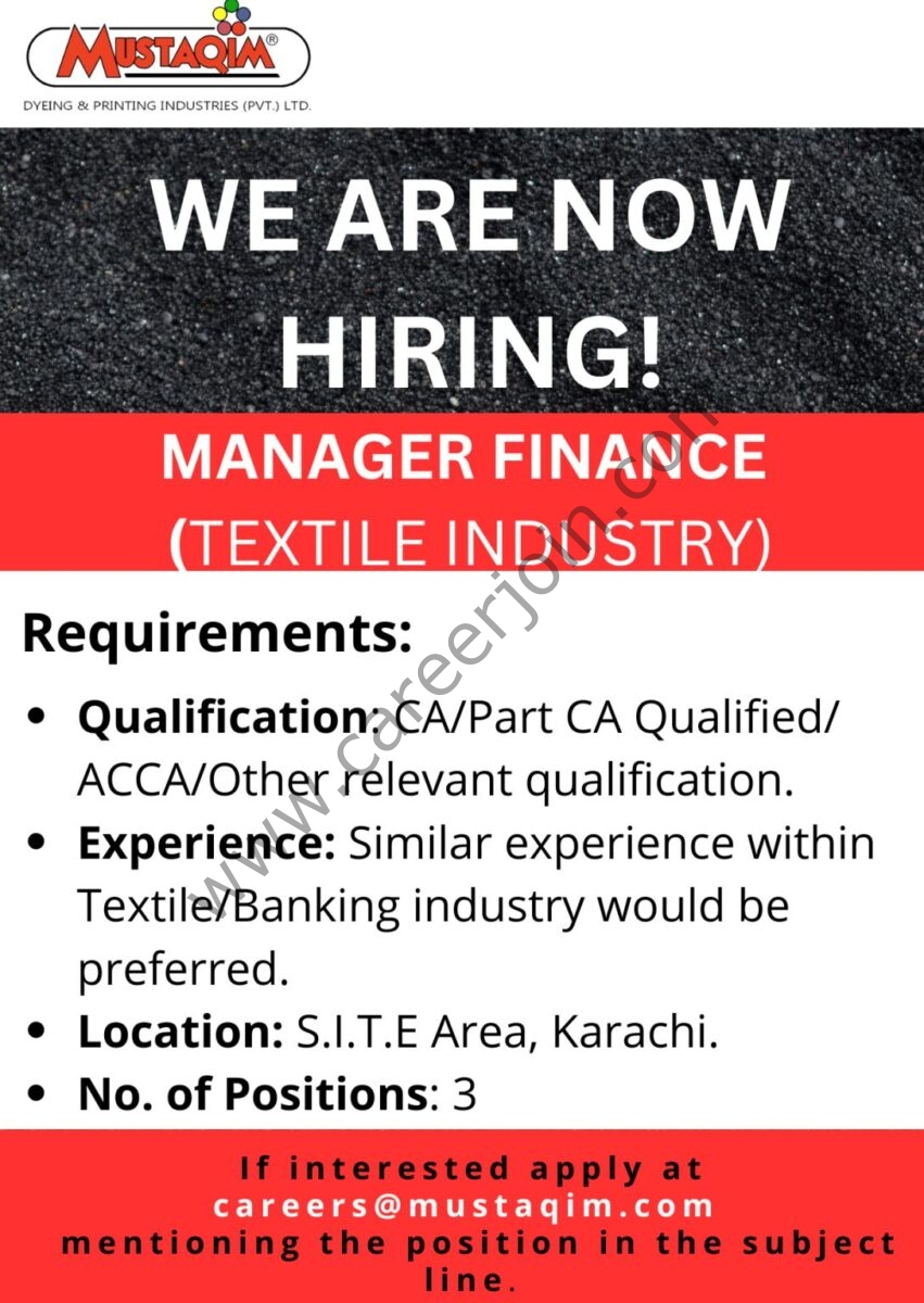 Mustaqim Dyeing & Printing Industries (Pvt) Ltd Jobs Manager Finance 1