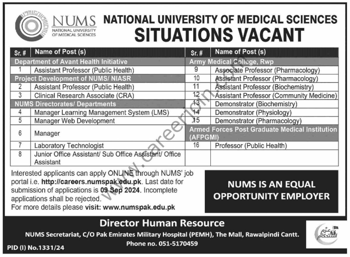 National University of Medical Sciences NUMS Jobs 25 August 2024 Dawn 1