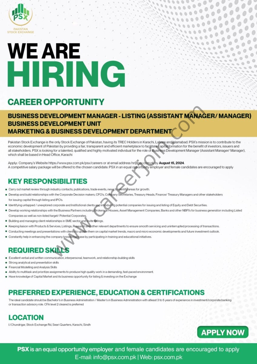 Pakistan Stock Exchange PSX Jobs Business Development Manager 1