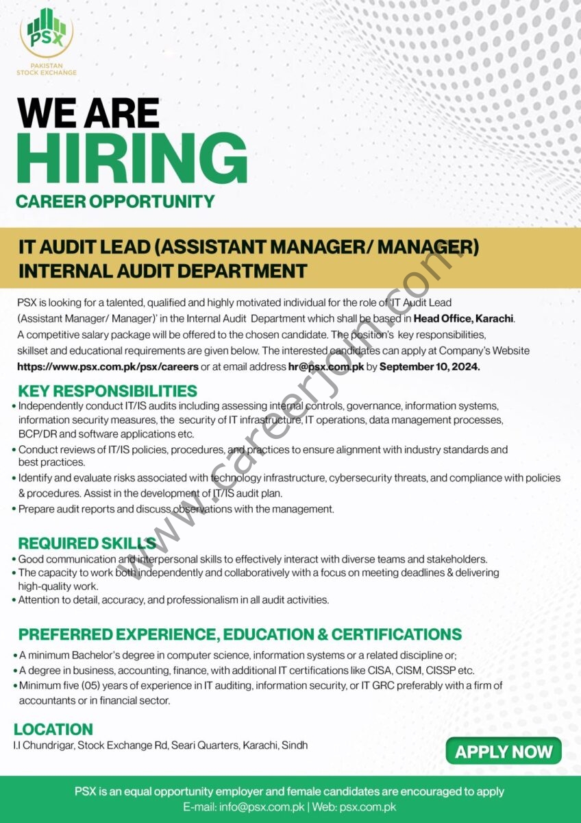 PSX Pakistan Stock Exchange Jobs IT Audit Lead 1