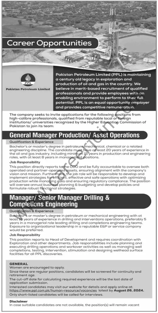 Pakistan Petroleum Ltd PPL Jobs 11 August 2024 Dawn 1