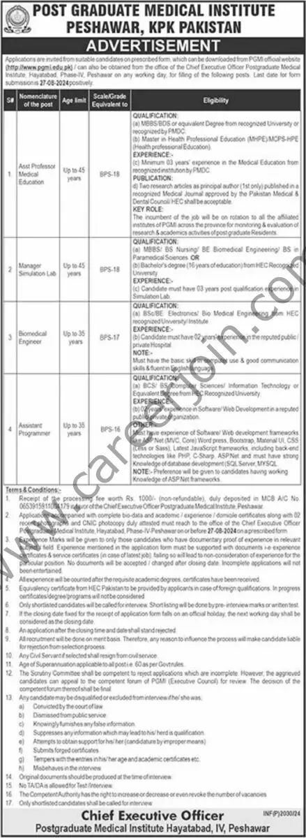 Post Graduate Medical Institute Peshawar Jobs 11 August 2024 The News 1