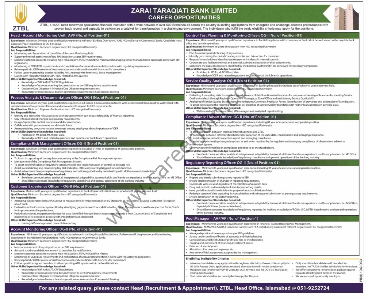 ZTBL Zarai Taraqiati Bank Ltd Jobs 11 August 2024 Dawn 1