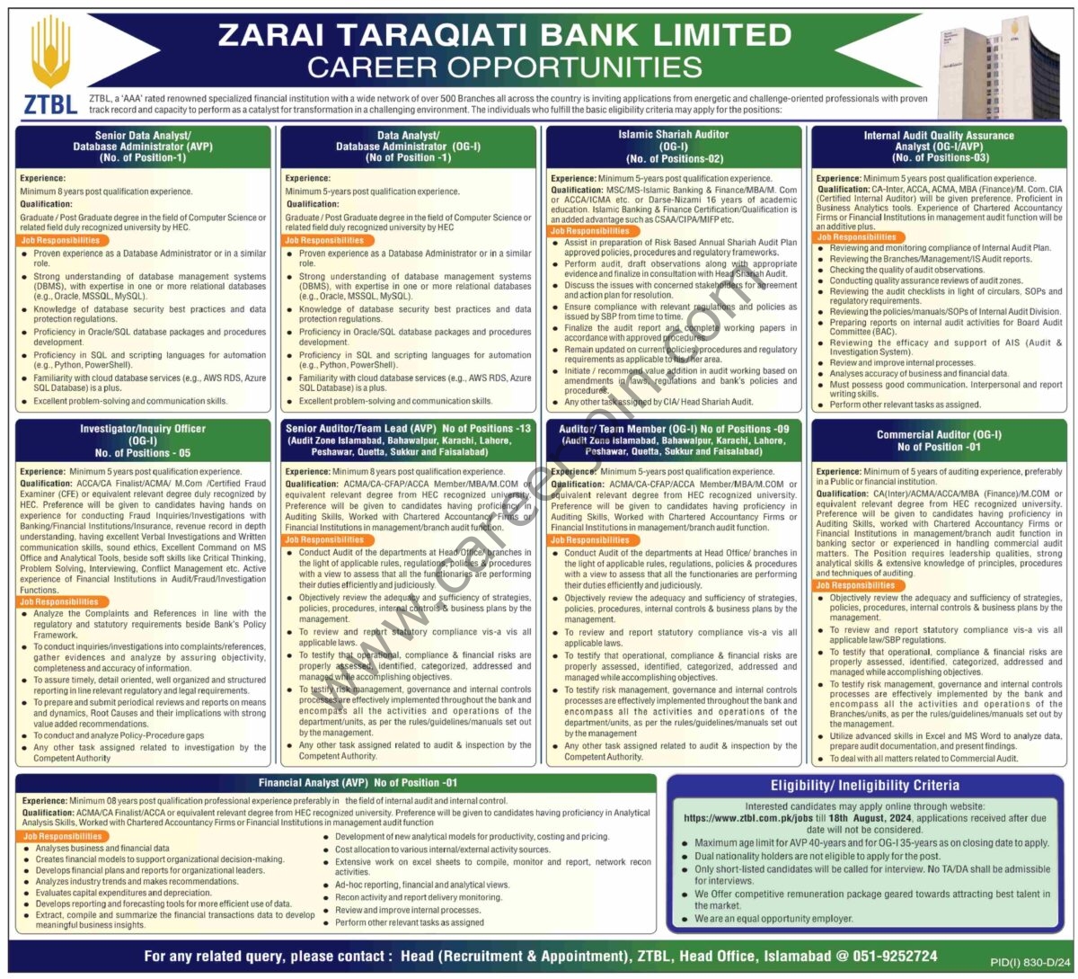 Zarai Taraqiati Bank Ltd ZTBL Jobs 04 August 2024 Dawn 1