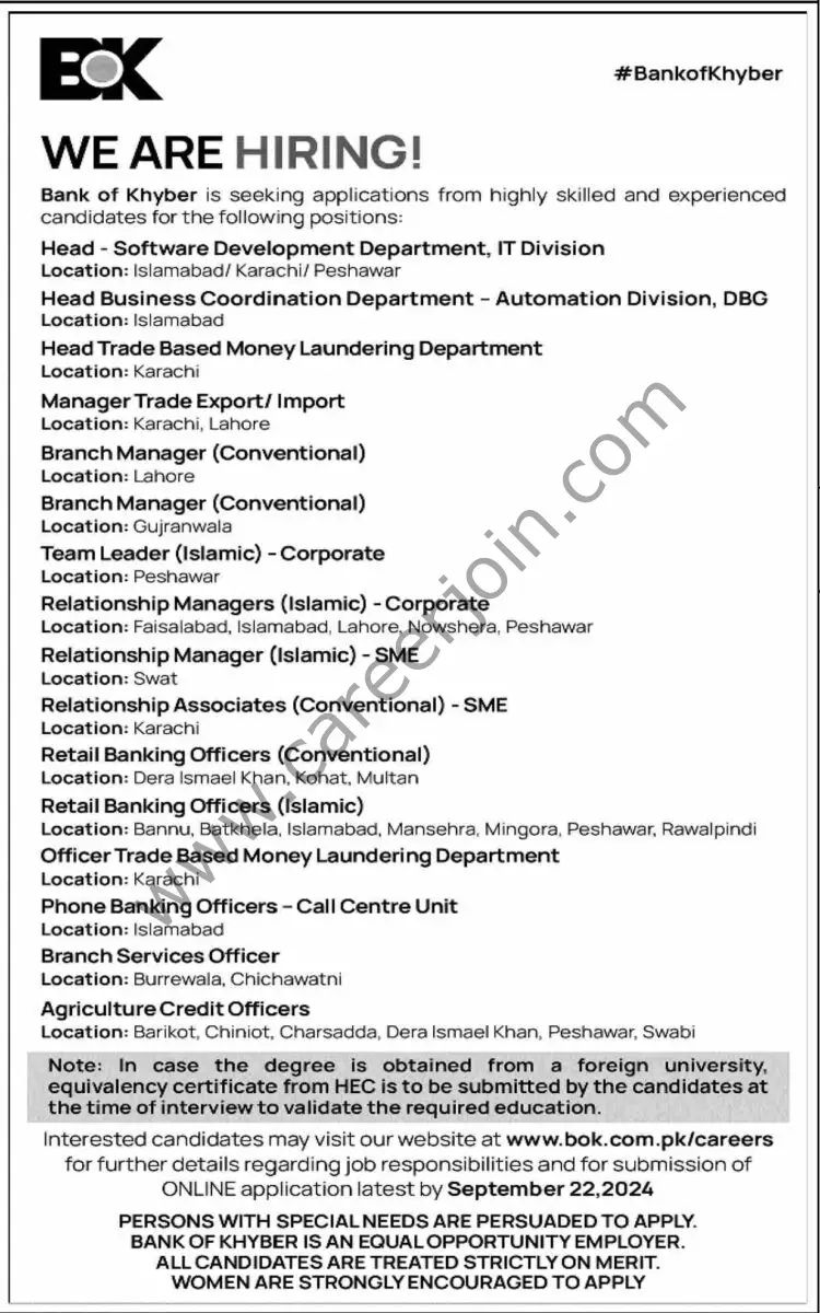 Bank of Khyber BOK Jobs 08 September 2024 Dawn 1