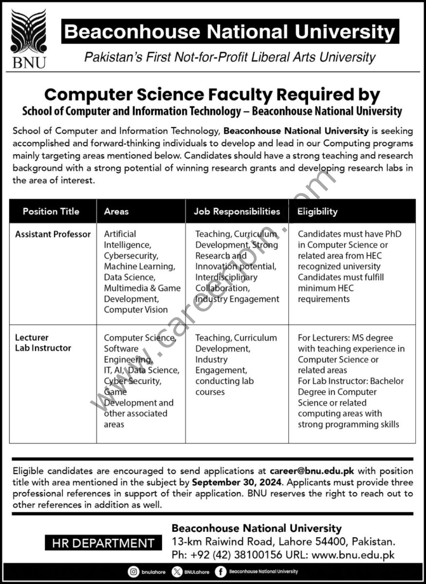 Beaconhouse National University BNU Jobs September 2024 1