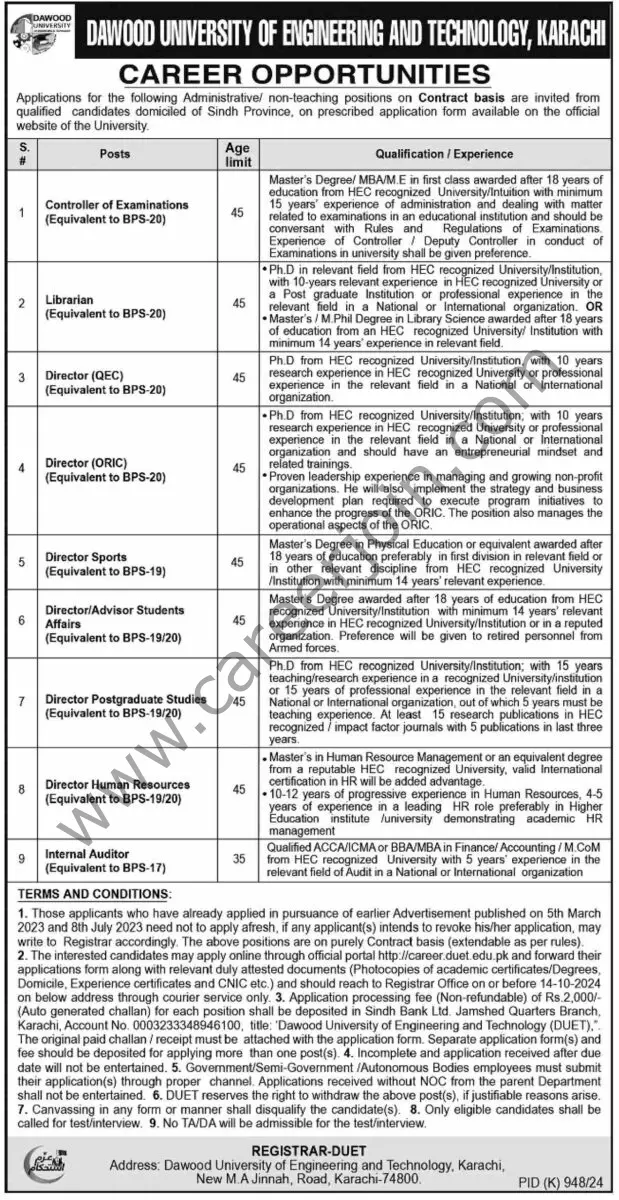 Dawood University of Engineering & Technology Karachi Jobs 26 September 2024 Dawn 1