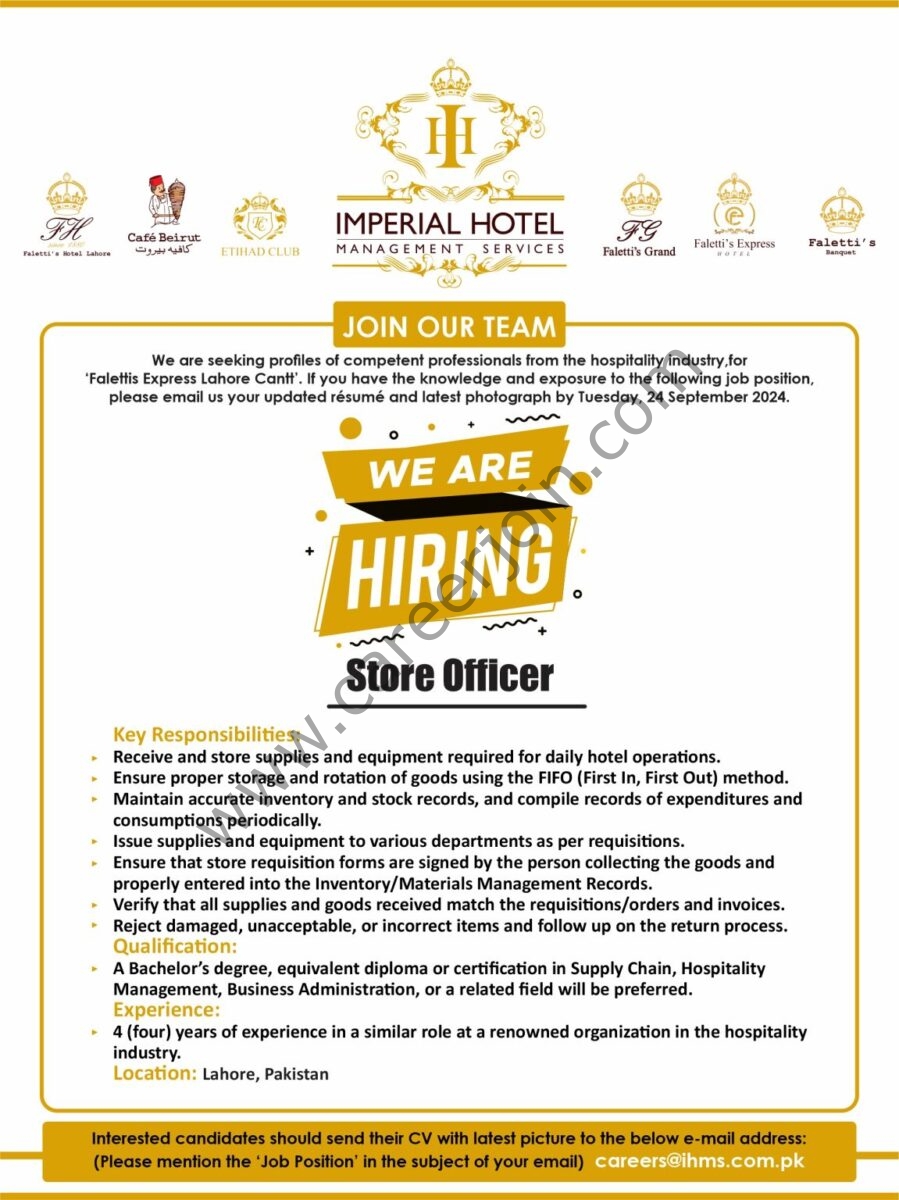 Imperial Hotel Management Services Jobs Store Officer 1