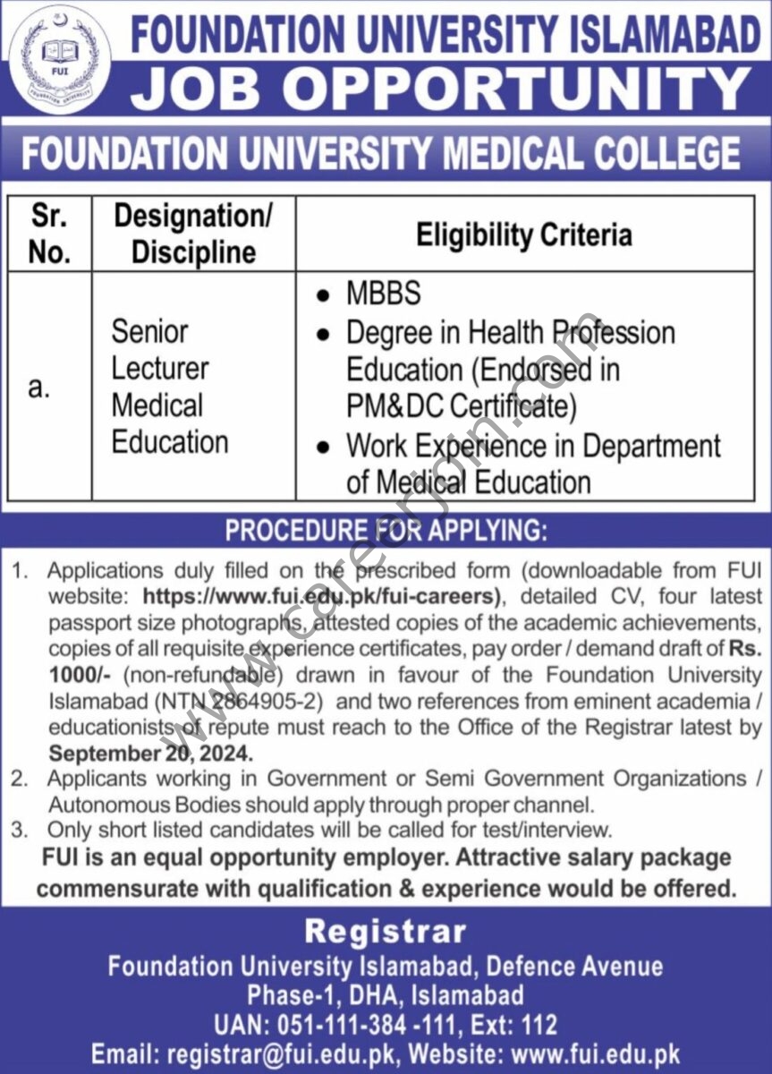 Foundation University Jobs Sr Lecturer Medical Education 1