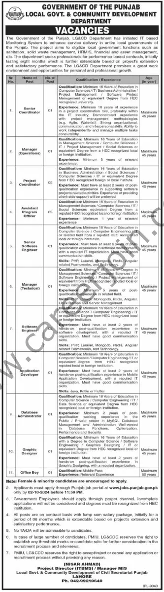 Government of The Punjab Local Govt And Community Development Jobs 24 September 2024 Dawn 1