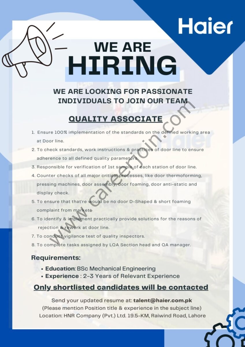 Haier Pakistan Jobs Quality Associate 1