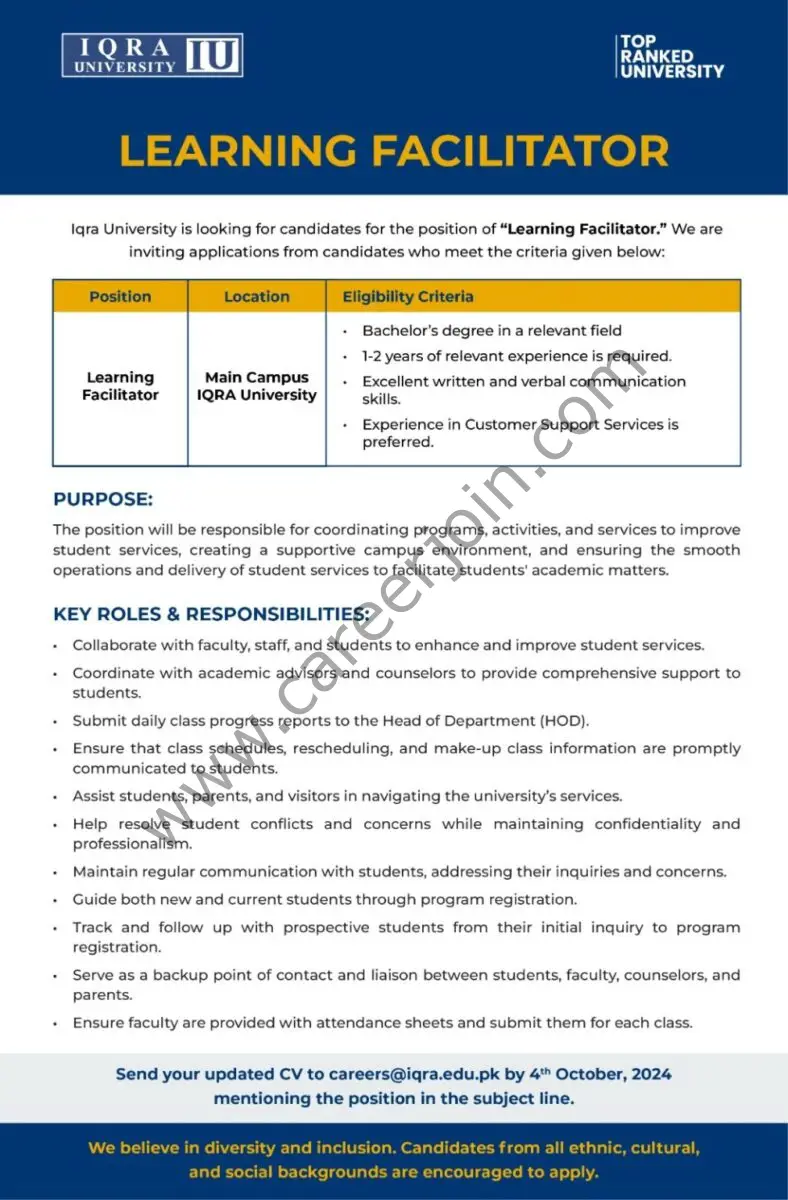 Iqra University Jobs Learning Facilitator 1