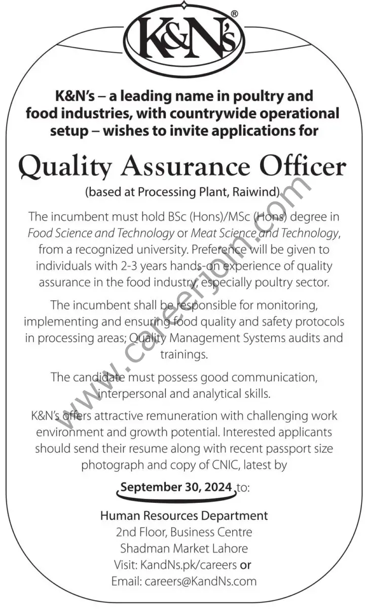 K&N's Pakistan Jobs Quality Assurance Officer 1