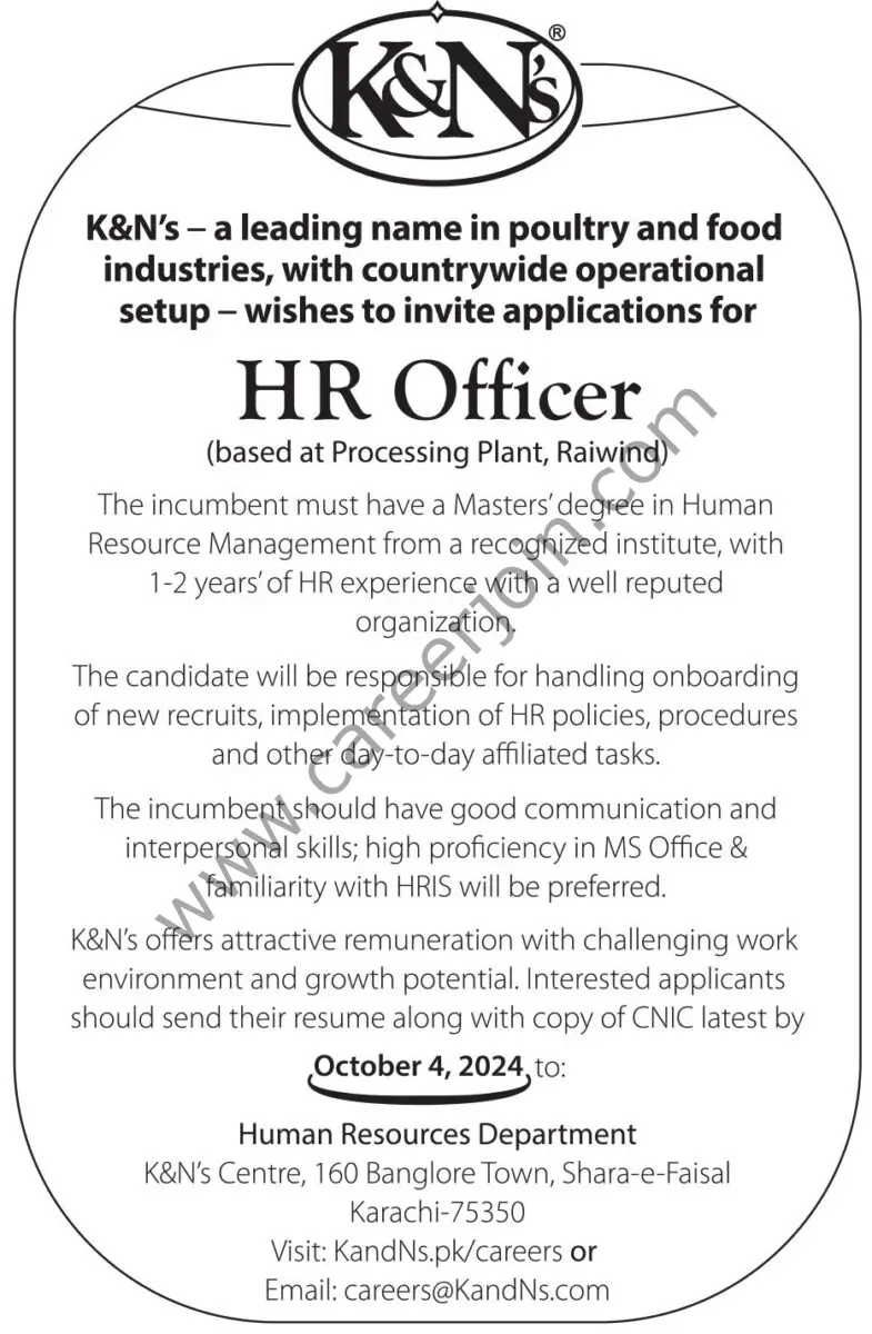  K&N's Pakistan Jobs HR Officer 1