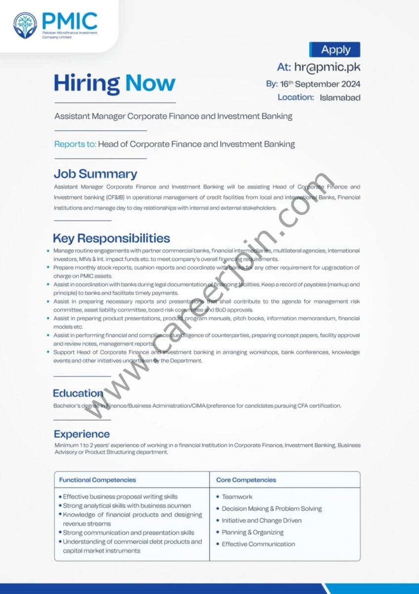 Pakistan Microfinance Investment Company PMIC Jobs Assistant Manager Corporate Finance and Investment Banking 1