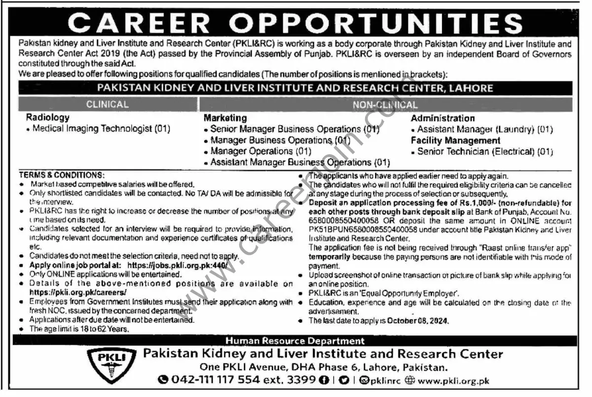 Pakistan Kidney & Liver Institute & Reseach Center PKLI&RC Jobs 22 September 2024 Dawn 1