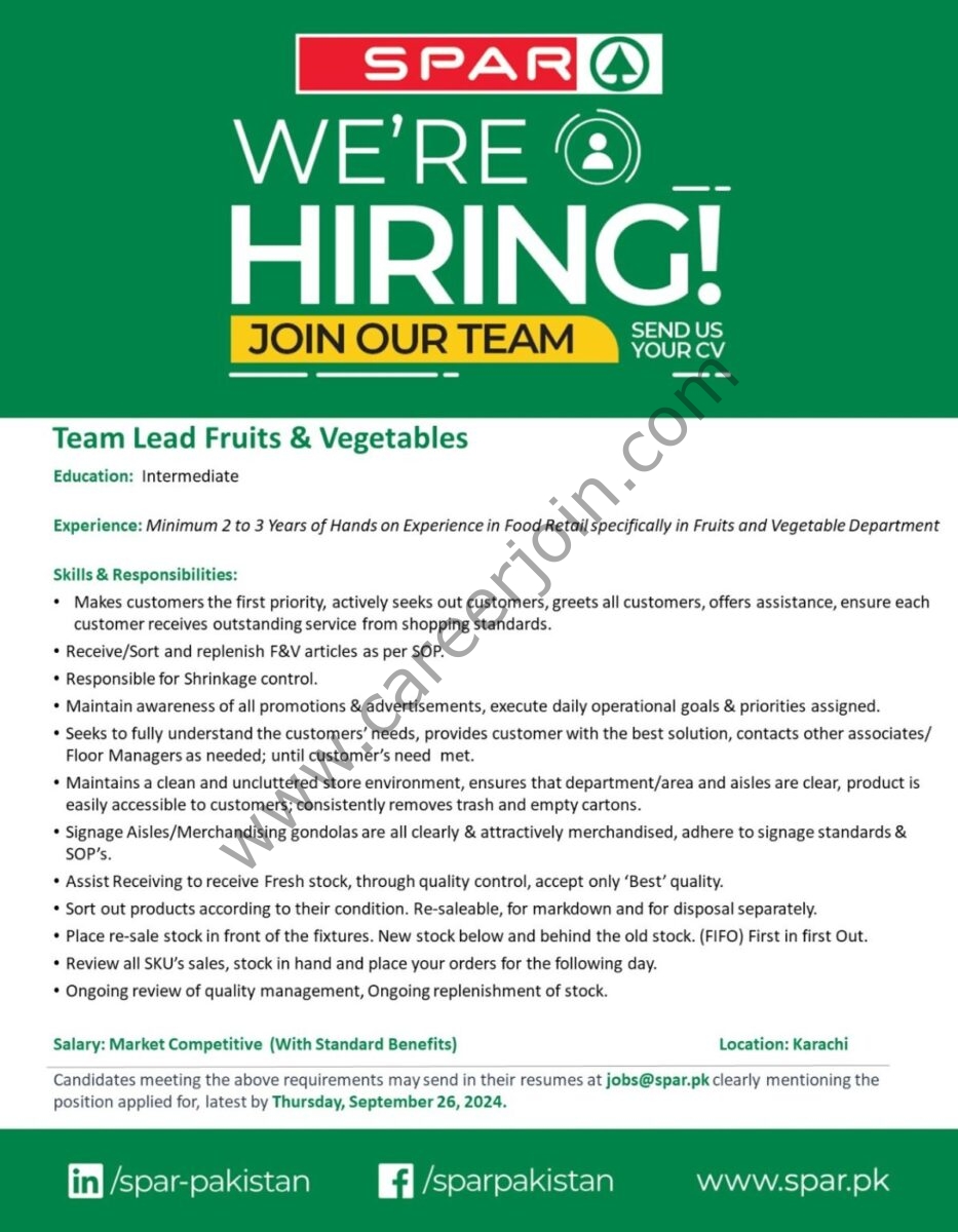 SPAR Pakistan Jobs Team Lead Fruits & Vegetables 1