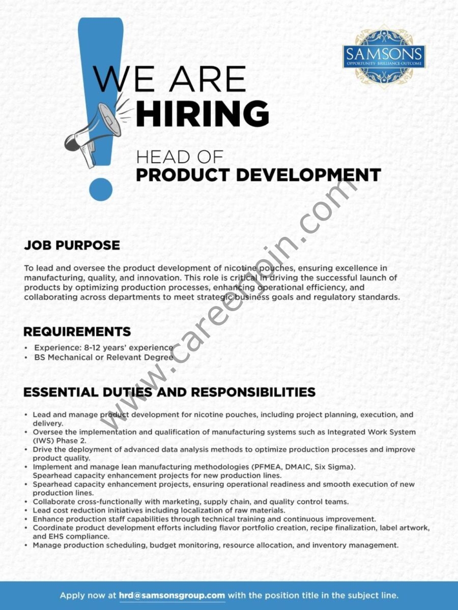 Samsons Group of Companies Jobs Head of Product Development 1