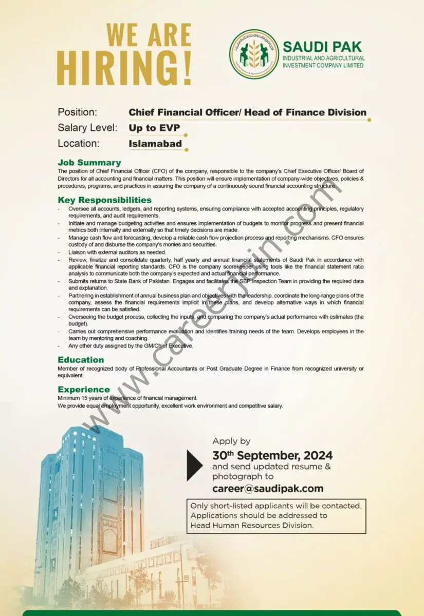 Saudi Pak Industrial & Agricultural Investment Company Limited Jobs Chief Financial Officer/ Head of Finance Division 1