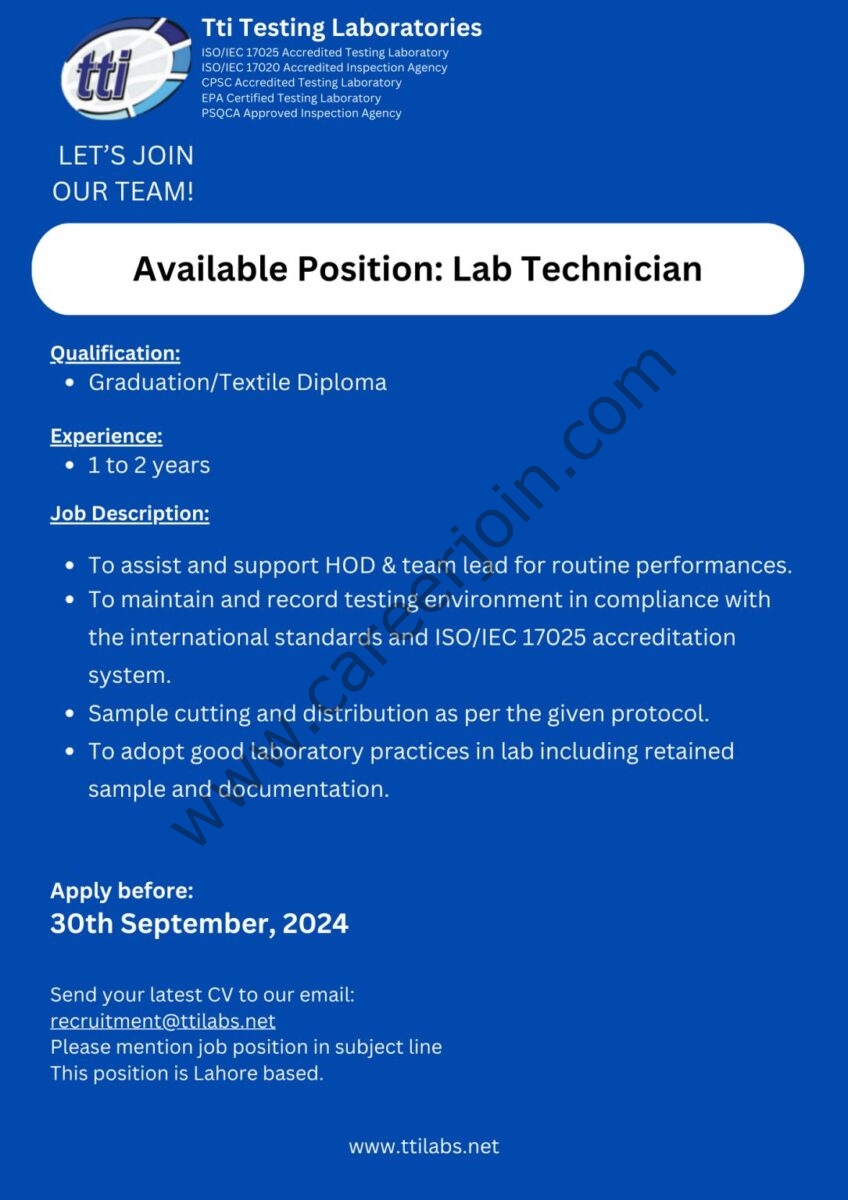 Tti Testing Laboratories Jobs September 2024 2