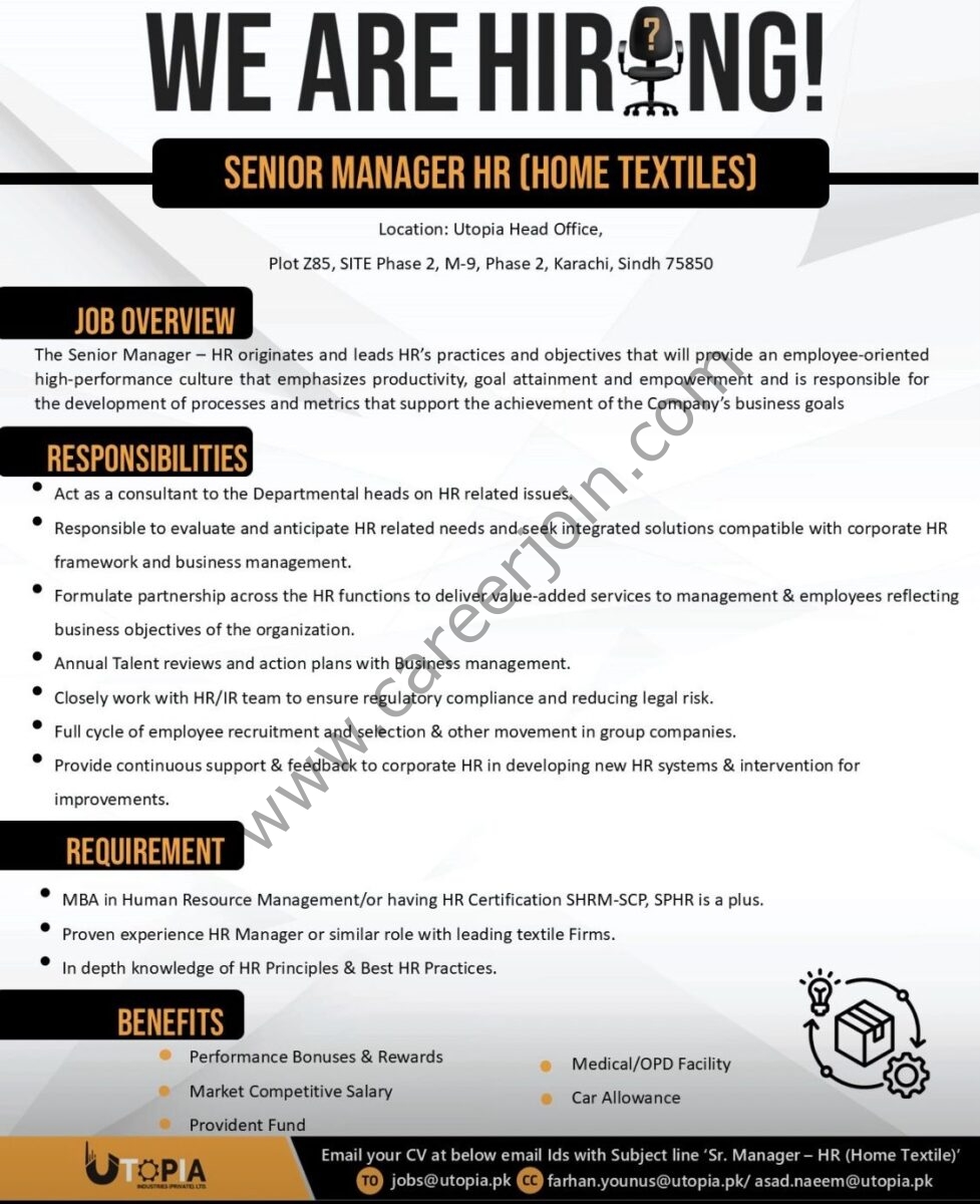 Utopia Industries Pvt Ltd Jobs Sr Manager HR 1